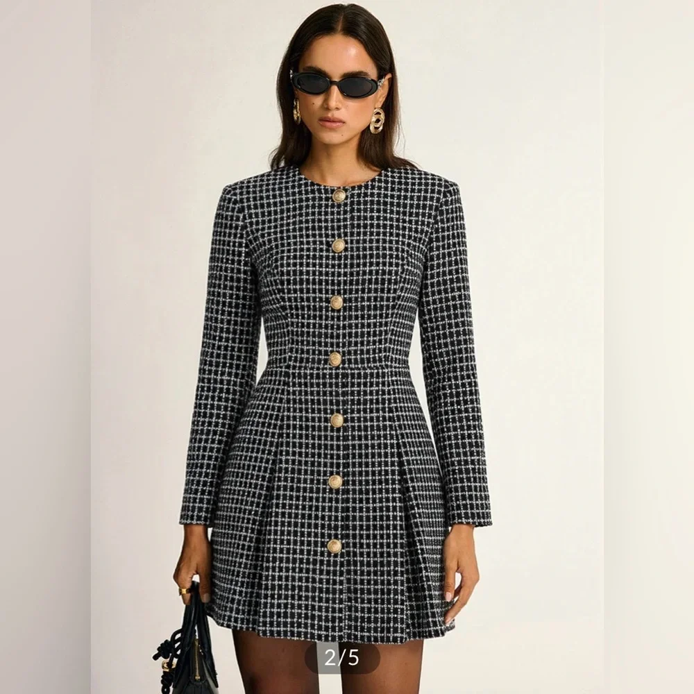 Commense plaid metal button a-line mini dress - Picture 1 of 9